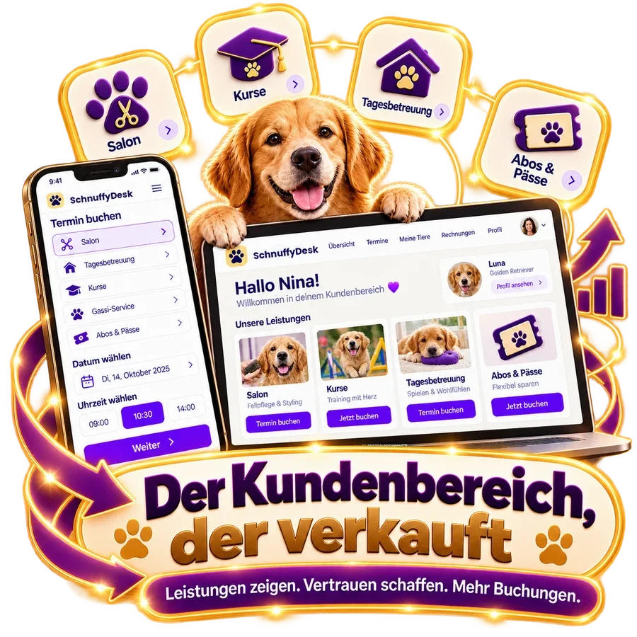 Illustration: Kundenbereich auf Handy und Laptop mit Salon, Kursen und Pässen, Titel «Der Kundenbereich, der verkauft»